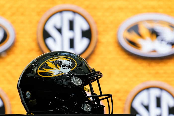 Jul 18, 2022; Atlanta, GA, USA; Missouri Tigers helmet shown on the stage during SEC Media Days at the College Football Hall of Fame. Mandatory Credit: Dale Zanine-USA TODAY Sports